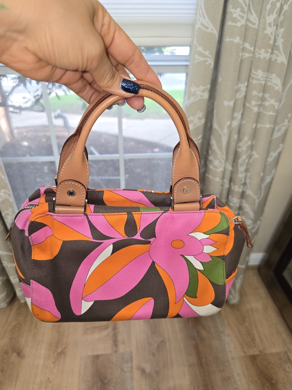kate spade Brown Floral Mini Satchel with Pink and Orange Accents